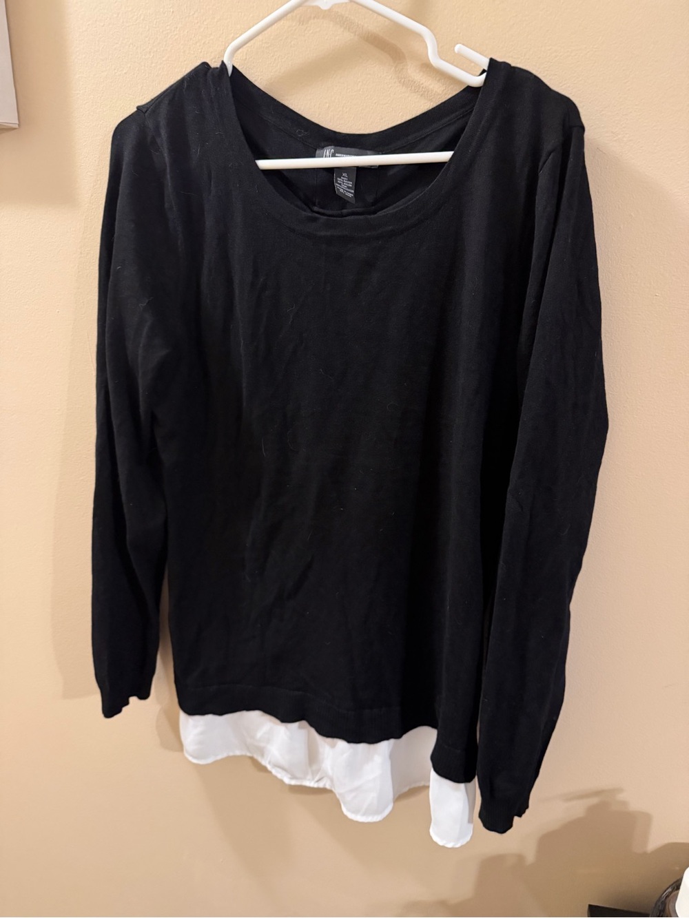 INC Black Layered-Look Long Sleeve Top with White Hem size XL